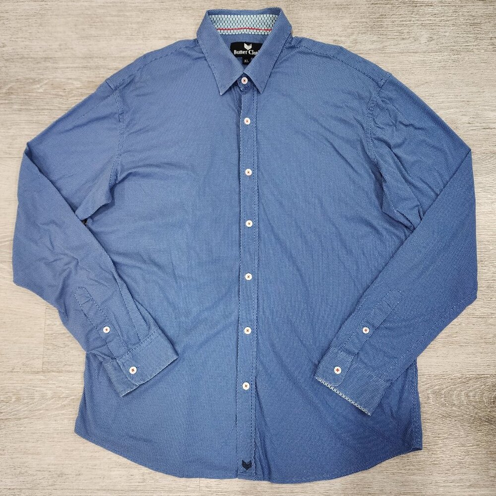 Buttercloth Blue Polka Dot Stretch Cotton Flip Cuff Long Sleeve Shirt Men's XL